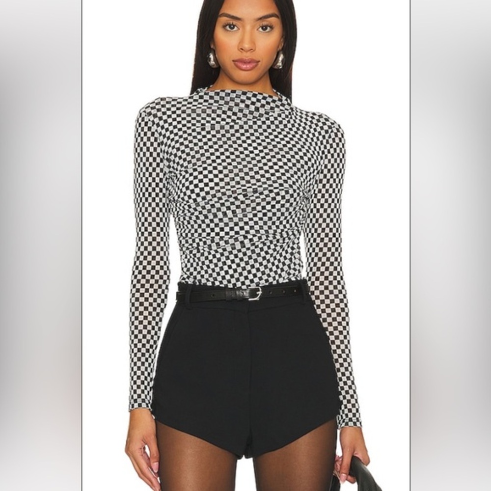 Enza Costa Mesh Long Sleeve Twist Top in Black & White Checker